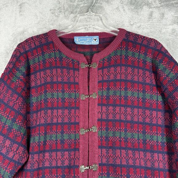British Wool Sweater Women Large Red Plaid Nordic Cardigan Boho Bohemian Vintage - Picture 4 of 6